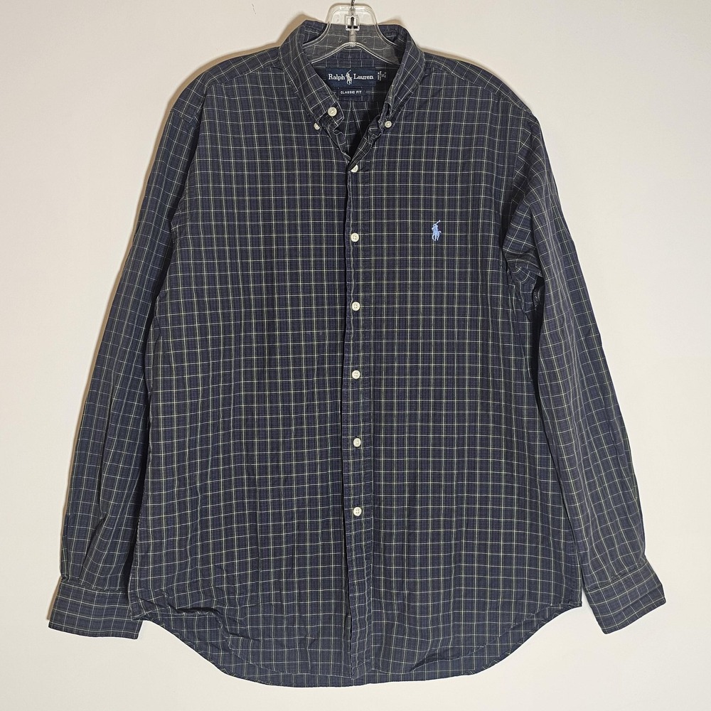 Ralph Lauren Shirt Mens 16 34/35 Blue Plaid Classic Fit Button Down Pony Logo L‎